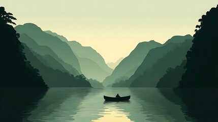 Serene lake with lone boat, and green mountains.