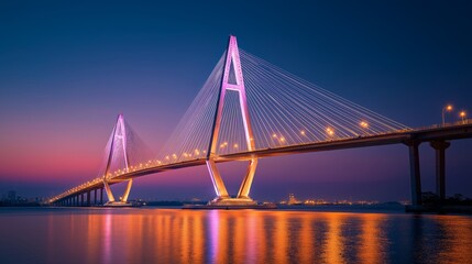 Naklejka premium Bridge of Lights: A modern cable-stayed bridge illuminates the night sky, showcasing its graceful arch and intricate design, reflecting a vibrant tapestry of colors onto the tranquil waters below.