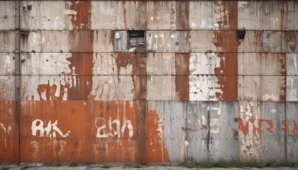 Weathered industrial facade; peeling paint, rusted metal, urban decay, grimy textures, landscape, urban decay, photography