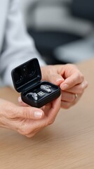 Fototapeta premium Black Case with Two Silver Hearing Aids and Component