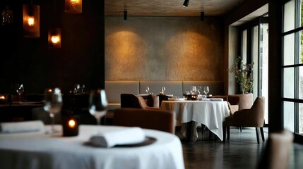 Elegant modern restaurant interior with cozy lighting, large offe natural daylight, stylish seating with round tables, fine dining setup, and contemporary decor