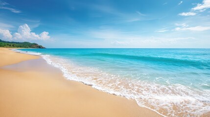 Obraz premium Serene Beach Landscape with Gentle Waves, Clear Blue Sky and Lush Green Hills in the Distance, Perfect for Travel and Nature Themes