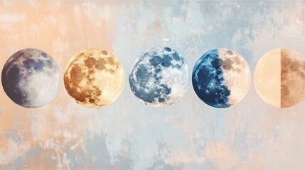 Series of five detailed full moon images showing different phases and colors with textured pastel background in a creative artistic composition