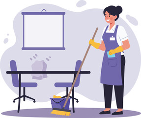 Woman janitor cleaning office floor with mop and bucket in purple apron vector illustration 