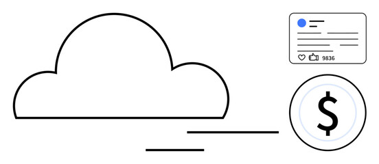 Cloud with dynamic lines, social media interface displaying engagement metrics, and a dollar icon. Ideal for technology, social platforms, digital marketing, analytics, finance, SaaS simple landing