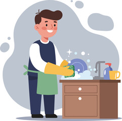Man washing dishes at kitchen sink with soap bubbles and cleaning gloves in casual home environment 