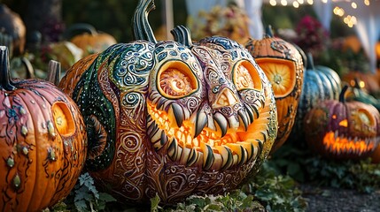 Elaborately carved pumpkins with intricate designs.