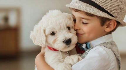 A young boy playfully dressing up with his cheerful puppy showcasing their creativity and heartwarming companionship as they share a tender joyful moment together