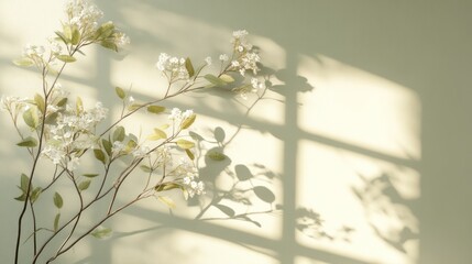 Bright sunlight streaming through a window casting soft shadows on a wall with delicate white flowers and green leaves creating a peaceful natural ambiance