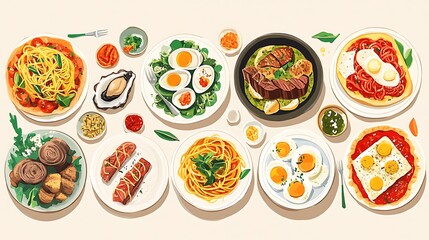 Various dishes displayed on plates, a colourful illustration of food.