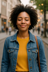 Happy young woman outdoors with eyes closed