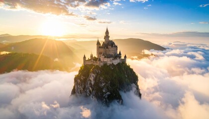 An otherworldly floating castle surrounded by clouds, with beams of sunlight breaking through.
