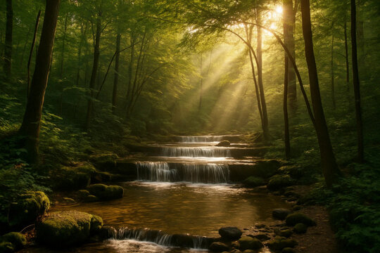 Forest river with sunlight and fog