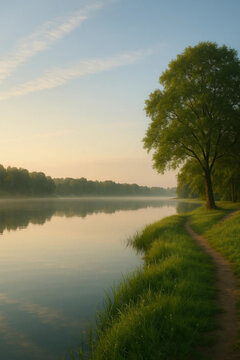 Riverbank at sunrise with tree