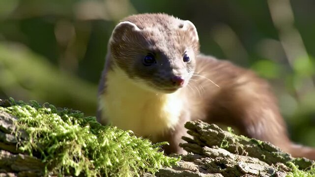 A Curious Pine Marten Investigates its Mossy Surroundings