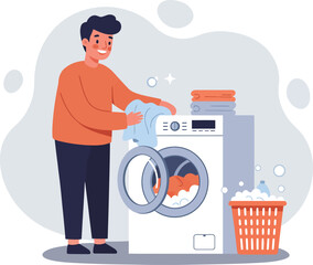 Man Doing Laundry Using Washing Machine with Basket of Clothes and Soap Bubbles Household Chores Vector Illustration 