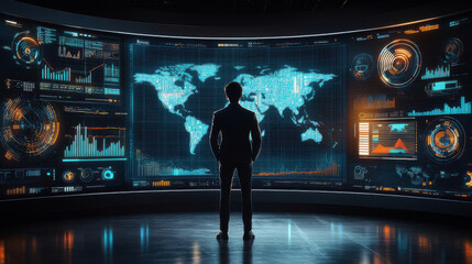 Man analyzing global data on high-tech screens in futuristic command center