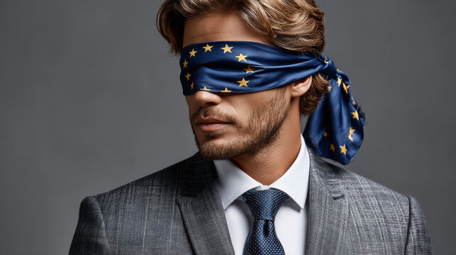 Blindfolded businessman with eu flag representing economic uncertainty and crisis concept