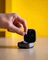 Person Placing Wireless Earbud in Charging Case