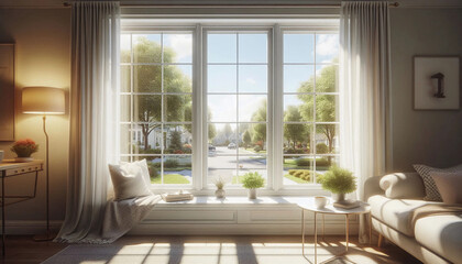 Fototapeta premium Cozy Morning Scene by Large Window with White Curtains, Potted Plant, Coffee Cup, and Peaceful View of Green Front Yard and Quiet Street
