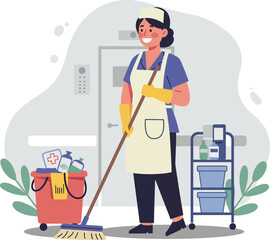 Female janitor cleaning hallway with mop and cart full of cleaning supplies in uniform and gloves