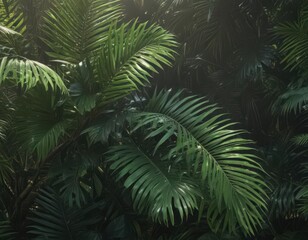 Deep green palm leaves, rich texture, sunlight highlights, fronds, background