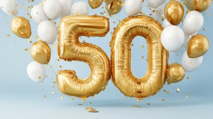 Golden Number 50 Balloon Surrounded by White and Gold Balloons with Confetti on a Light Blue Background for Celebration and Milestone Events
