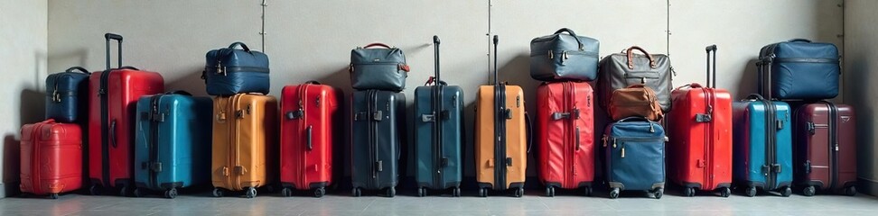 A neatly stacked pile of suitcases and travel bags sits ready for secure storage in a designated luggage area Ideal for travel, airport, vacation, and storage concepts , carousel, secure, accessories