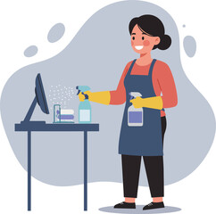 Woman cleaning computer screen with spray bottle and cloth in casual outfit and apron vector illustration 