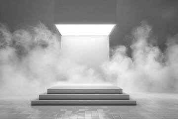 Obraz premium Three-Tiered Platform in Smoky Gray Room with Overhead Lighting