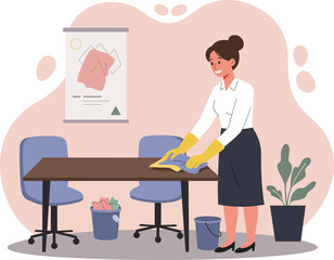 Woman cleaning office table with cloth in tidy workspace with chairs and plant vector illustration 