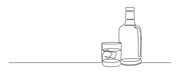 Glass and bottle of whiskey in one continuous line drawing. Whisky and liquor with ice cubes for alcohol drink menu in simple linear style. Editable stroke. Contour vector illustration