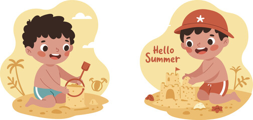 Two cute children playing with sand toys on the beach during summer season vector illustration 