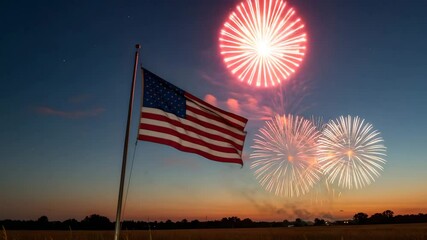 American flag and fireworks at dusk