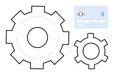 Large and small gear graphics paired with a digital card emphasize automation, technology, and financial operations. Ideal for fintech, innovation, process simplification, digital payments