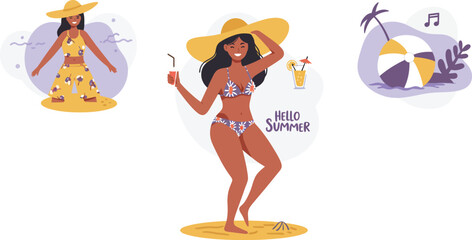 African American women dancing in summer beachwear with tropical background and musical notes vector illustration 