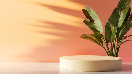 Beige podium with tropical leaves, and sunlight.