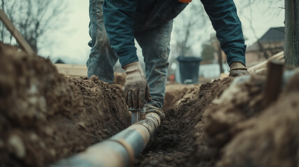 Worker Installing a Pipe in a Trench