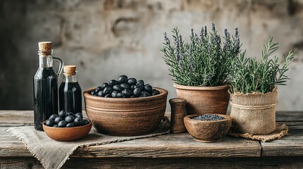 Rustic display of dark olives and olive oil.