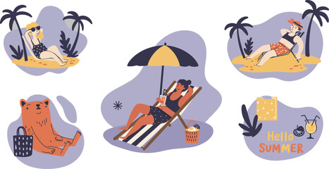 Obraz premium Relaxing summer beach holiday with sunbathing people and tropical elements vector illustration 