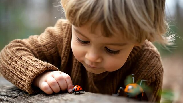 Curious child observes ladybugs in forest setting, encouraging nature exploration and discovery