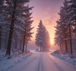 Snow-laden trees frame a road leading to a vibrant sunrise, the Milky Way ablaze overhead , nature, mountains, adventure