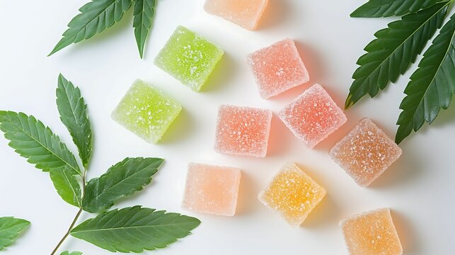 cannabis, gummies, edibles, hemp. Colorful cannabis gummies are arranged with sugar coating near cannabis leaves on a white background.
