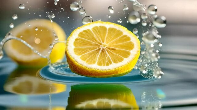 Fresh lemon splash: citrus slice in water with droplets in slow motion
