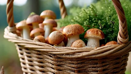 Delightful harvest: handwoven basketful of mushrooms and lush greenery in natural setting