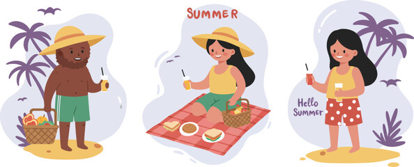 Diverse children enjoying summer picnic with tropical palm trees and fruit drinks vector illustration 
