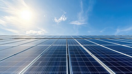 Solar Panel Field Under Bright Sunny Sky
