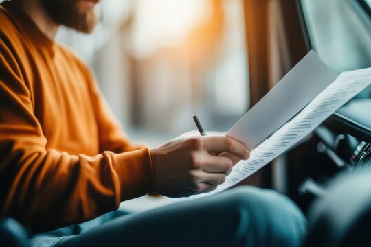 Close-up of a delivery professional's hand checking a list with a pen inside a bright van, emphasizing efficient logistics and meticulous transport organization.