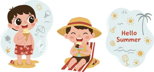 Happy children enjoying summer holiday beach scene with sun and palm tree vector illustration 