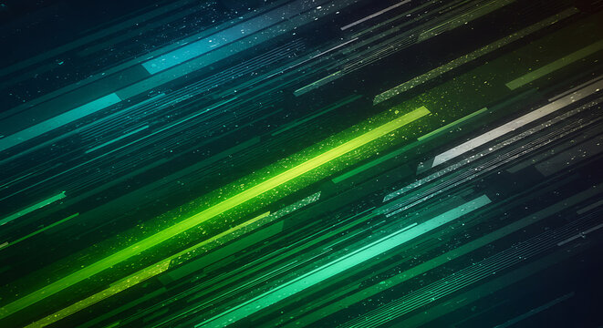An abstract background featuring dynamic green and blue glowing lines, ideal for illustrating data flow, technology, digital concepts, or futuristic designs.